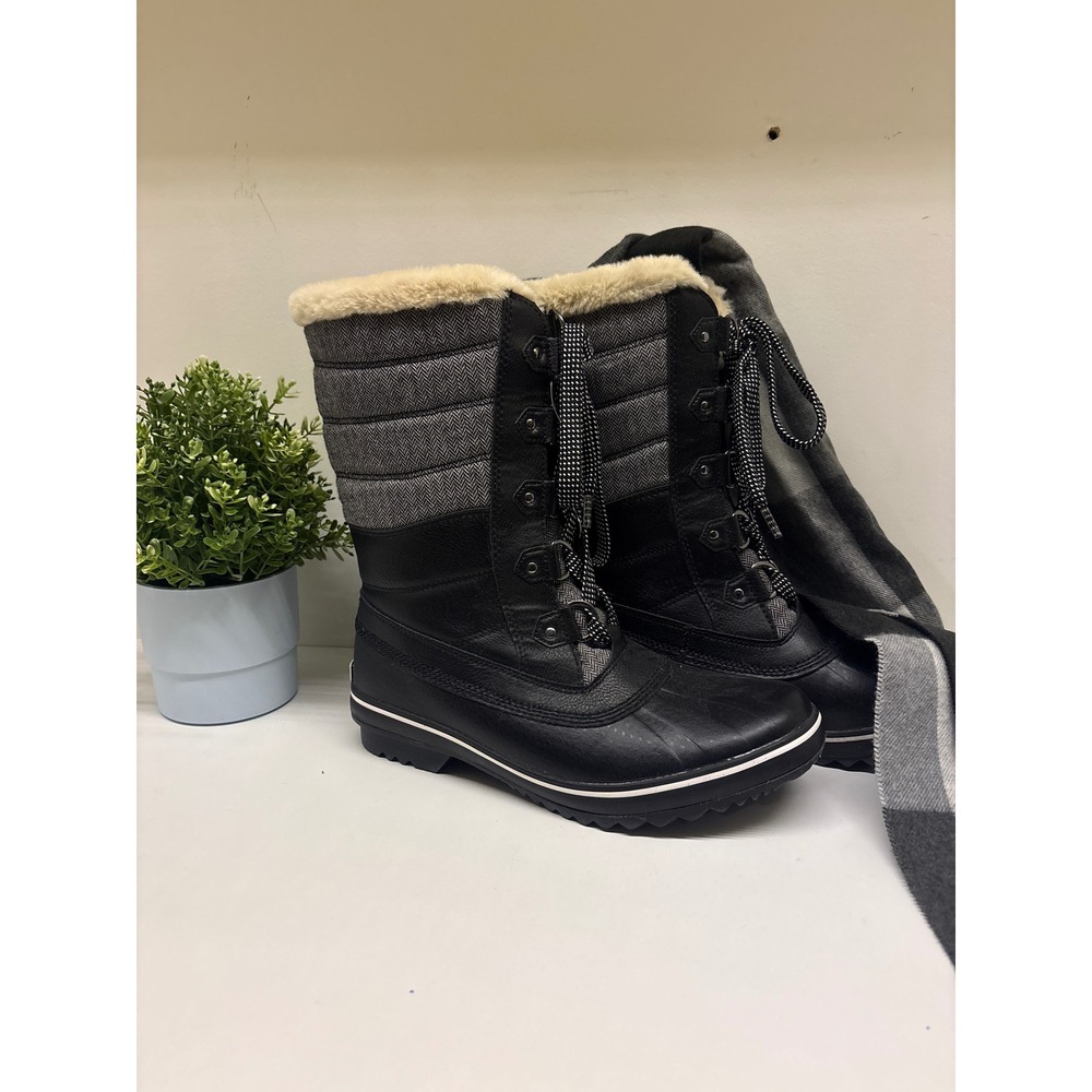 Scarf & JBU Siberia Water Resistant Winter Boots Black Grey Faux Fur 8.5M